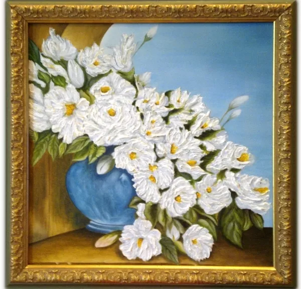 Белые цветы в вазе - картина маслом (натюрморт) в раме