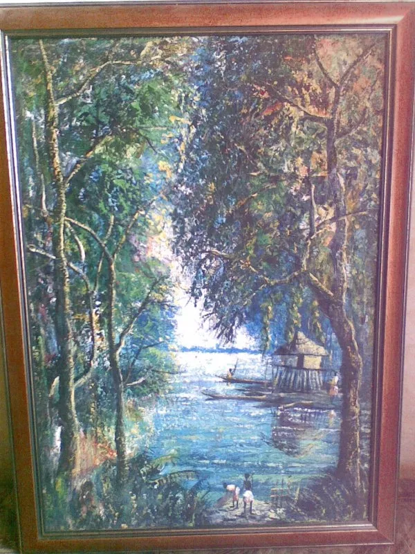 Картина, холст, масло - Дом на реке.